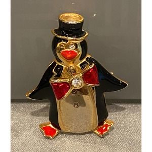 Vintage goldtone penguin with red bowtie extension